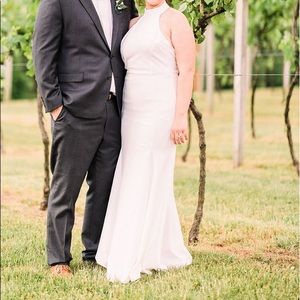 Lulus high neck open back white floor length gown. Perfect for wedding or prom!